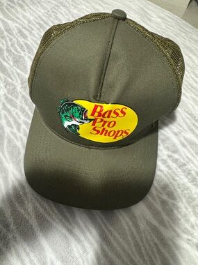Bass Pro Shops Olive Green and Yellow Logo Trucker Hat Bnwt